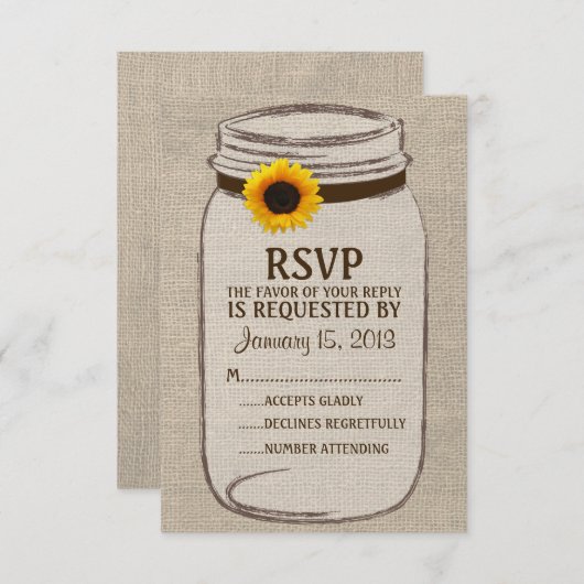 Rustic Mason Jar & Burlap and Sunflower RSVP-kaart RSVP Kaartje (Voorkant / Achterkant)