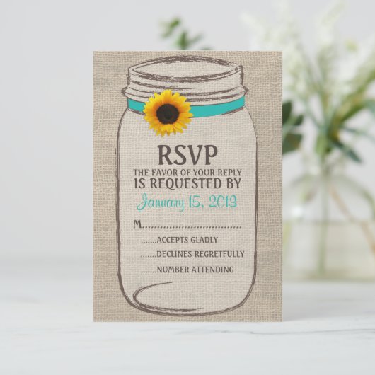 Rustic Mason Jar & Burlap and Sunflower RSVP-kaart RSVP Kaartje (Staand voorkant)