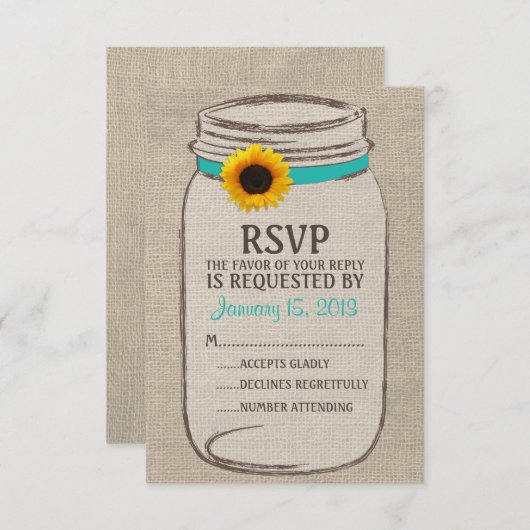 Rustic Mason Jar & Burlap and Sunflower RSVP-kaart RSVP Kaartje (Voorkant / Achterkant)