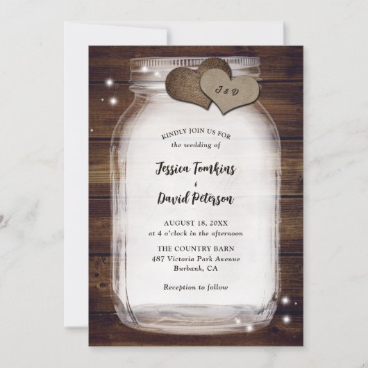 Rustic Mason Jar Burlap Hearts Barn Wood Wedding Kaart (Voorkant)