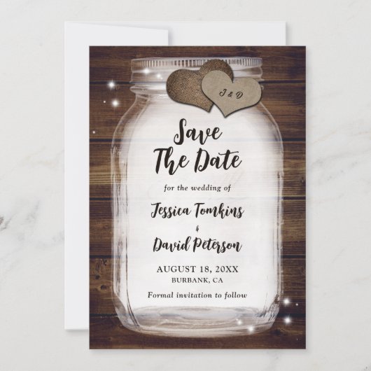 Rustic Mason Jar Burlap Hearts Monogram Weddenscha Save The Date (Voorkant)