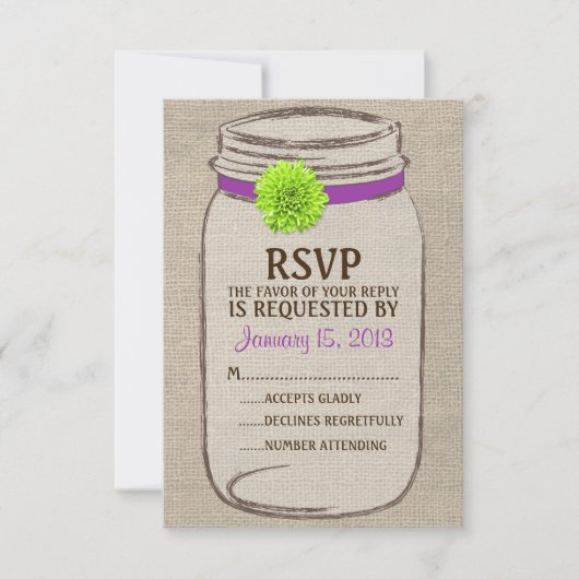 Rustic Mason Jar & Burlap Paarse Green RSVP-kaart RSVP Kaartje (Voorkant)