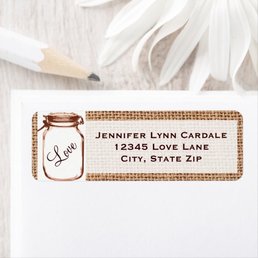 Rustic Mason Jar Burlap Wedding Adresetiketten Etiket (Insitu)