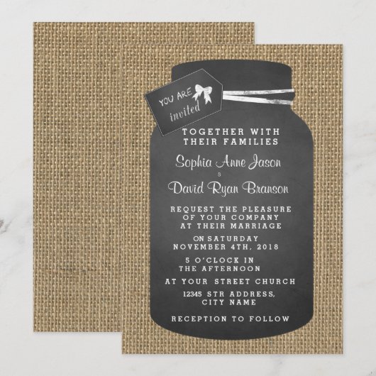 Rustic Mason Jar Burlap Wedding Invitations Kaart (Voorkant / Achterkant)