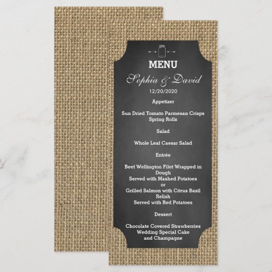 Rustic Mason Jar Burlap Wedding Menu (Voorkant / Achterkant)