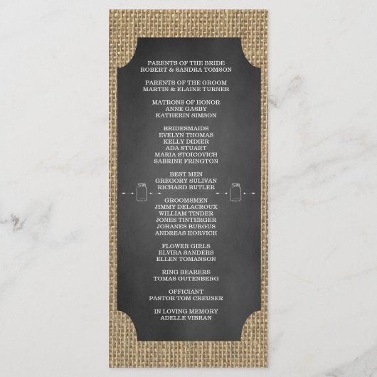 Rustic Mason Jar Burlap Wedding Program Custom Programmakaart (Achterkant)