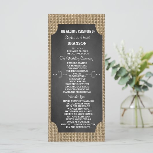 Rustic Mason Jar Burlap Wedding Program Custom Programmakaart (Staand voorkant)