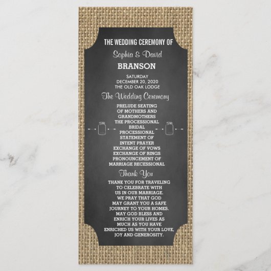 Rustic Mason Jar Burlap Wedding Program Custom Programmakaart (Voorkant)