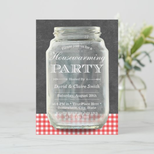 Rustic Mason Jar Chalkboard Housewarming Party Kaart (Staand voorkant)