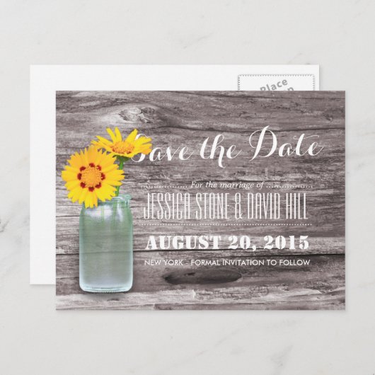 Rustic Mason Jar & Daisy Wood Save the Date Aankondigingskaart (Voorkant / Achterkant)