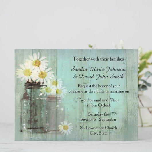 Rustic Mason Jar en Daisy bruiloft uitnodiging (Staand voorkant)
