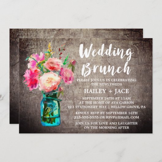 Rustic Mason Jar en Flower Bouquet Wedding Brunch Kaart (Voorkant / Achterkant)