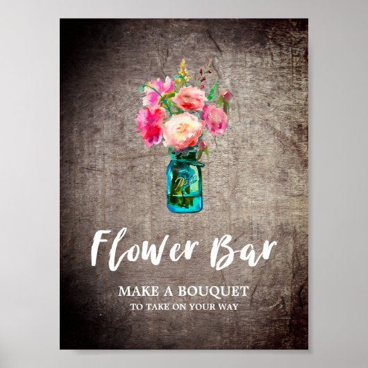 Rustic Mason Jar en Flowers Bouquet Flower Bar Poster (Voorkant)