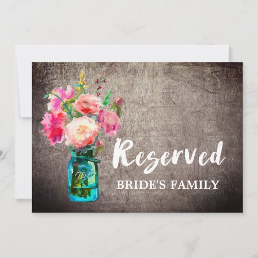 Rustic Mason Jar en Flowers Wedding Reserved Sign Kaart (Voorkant)