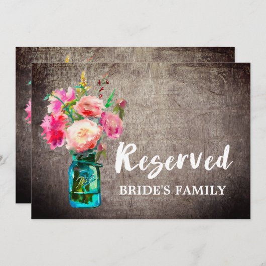 Rustic Mason Jar en Flowers Wedding Reserved Sign Kaart (Voorkant / Achterkant)