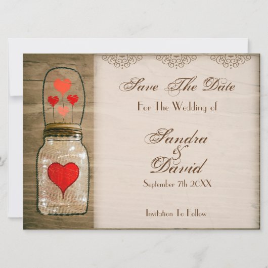 Rustic Mason Jar en Hearts sparen de Datum Save The Date (Voorkant)