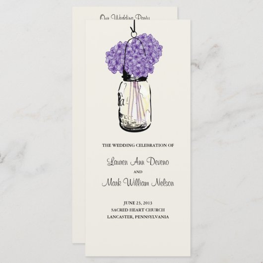 Rustic Mason Jar en Hydrangeas Programma Programmakaart (Voorkant / Achterkant)