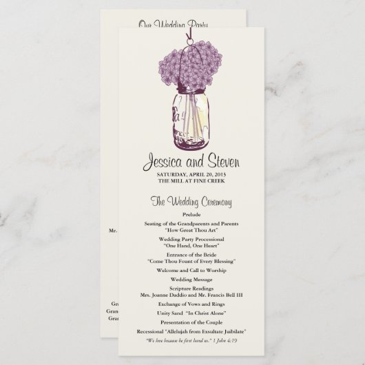 Rustic Mason Jar en Hydrangeas Programma Programmakaart (Voorkant / Achterkant)