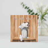 Rustic Mason Jar en roze pioenen Save The Date (Staand voorkant)
