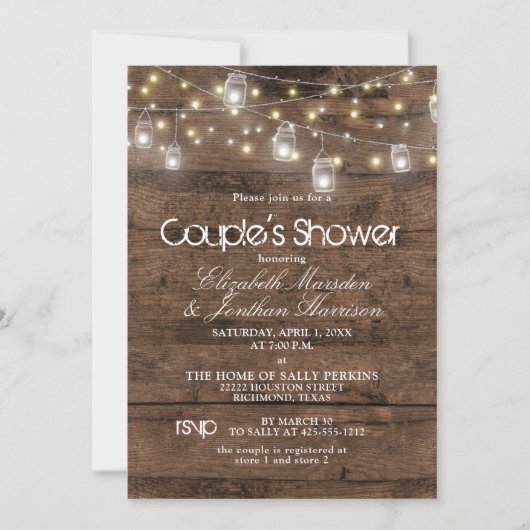 Rustic Mason Jar en String Lights Couple's Shower Kaart (Voorkant)