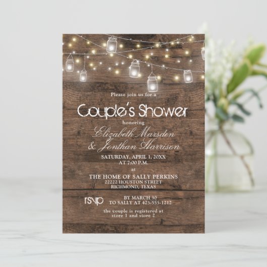 Rustic Mason Jar en String Lights Couple's Shower Kaart (Staand voorkant)