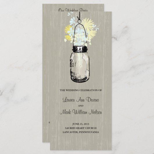 Rustic Mason Jar en Wildflowers Programma Programmakaart (Voorkant / Achterkant)