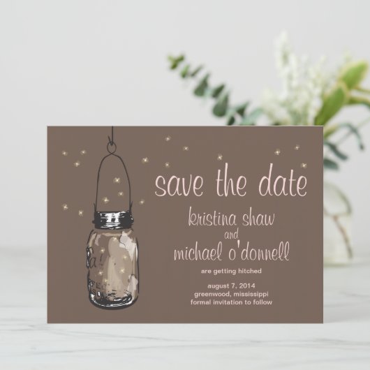 Rustic Mason Jar & Fireflies Save the Date (Staand voorkant)