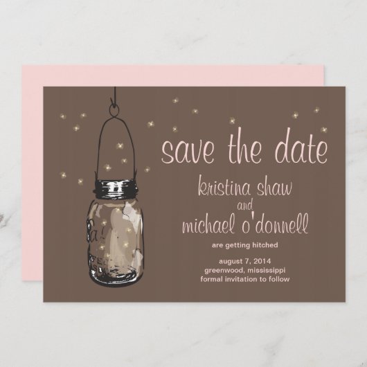 Rustic Mason Jar & Fireflies Save the Date (Voorkant / Achterkant)