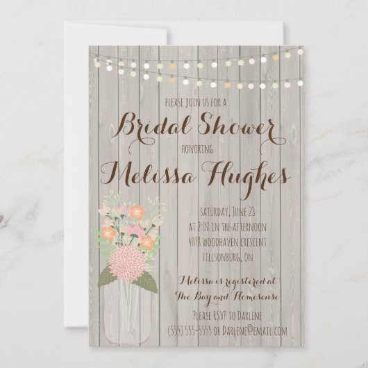 Rustic Mason Jar Floral Bridal Shower Invitations Kaart (Voorkant)