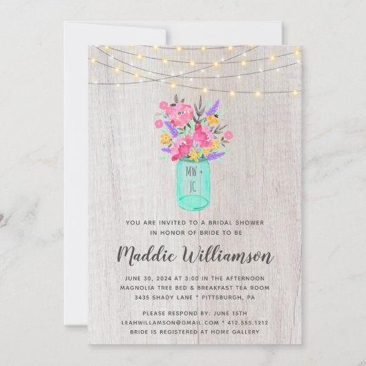 Rustic Mason Jar Floral Lights Vrijgezellenfeest I Kaart (Voorkant)