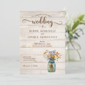 Rustic Mason Jar Floral on Wood Wedding Invitation Kaart (Staand voorkant)