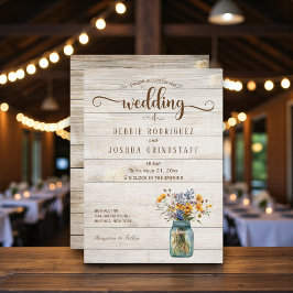 Rustic Mason Jar Floral on Wood Wedding Invitation Kaart