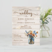 Rustic Mason Jar Floral on Wood Wedding Invitation Kaart (Staand voorkant)