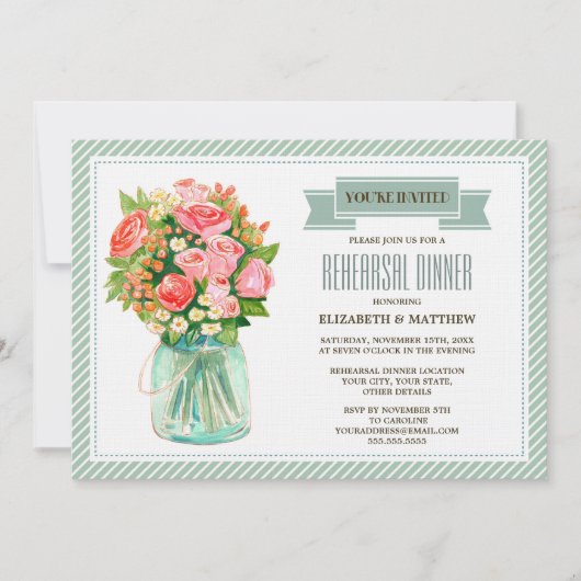 Rustic Mason Jar Floral Rehearsal Dinner Kaart (Voorkant)