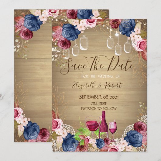 Rustic Mason Jar, Floral voor wijnbereiding Save The Date (Voorkant / Achterkant)