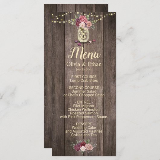 Rustic Mason Jar Floral Wood Wedding Menu (Voorkant / Achterkant)