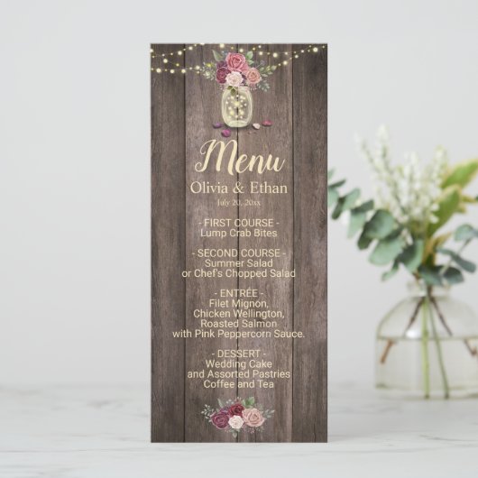 Rustic Mason Jar Floral Wood Wedding Menu (Staand voorkant)