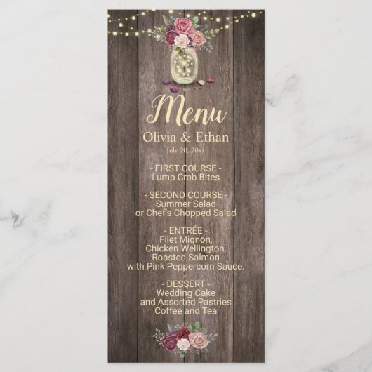 Rustic Mason Jar Floral Wood Wedding Menu (Voorkant)