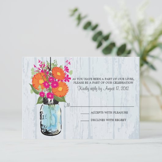 Rustic Mason Jar & Gerber Daisies RSVP (Staand voorkant)