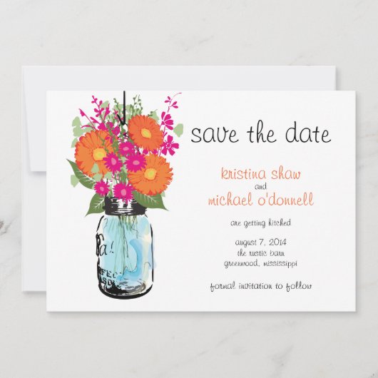 Rustic Mason Jar Gerber Daisies Save the Date (Voorkant)