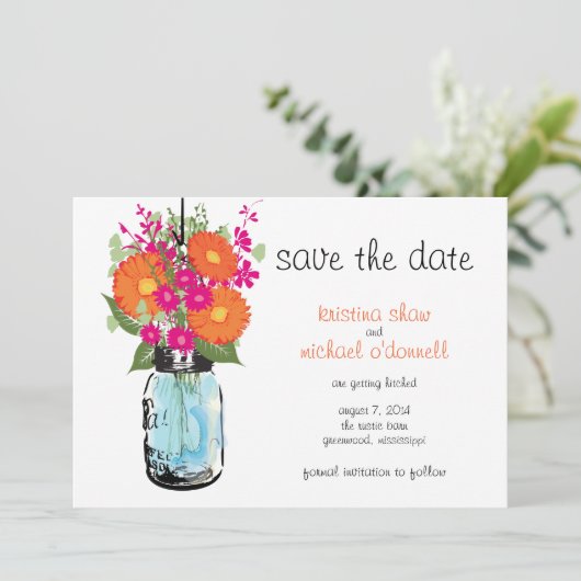 Rustic Mason Jar Gerber Daisies Save the Date (Staand voorkant)