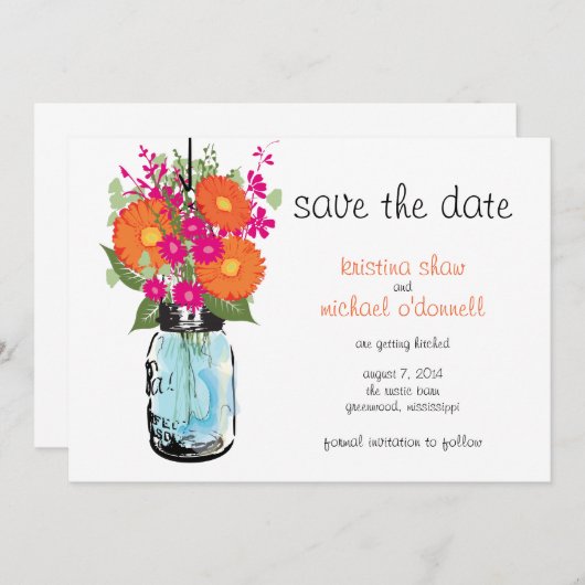 Rustic Mason Jar Gerber Daisies Save the Date (Voorkant / Achterkant)