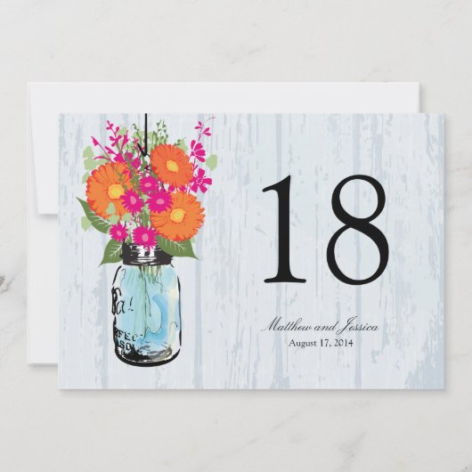 Rustic Mason Jar Gerber Daisies Table Number Kaart (Achterkant)