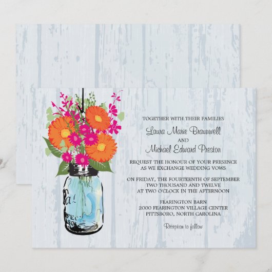 Rustic Mason Jar & Gerber Daisies Wedding Kaart (Voorkant / Achterkant)