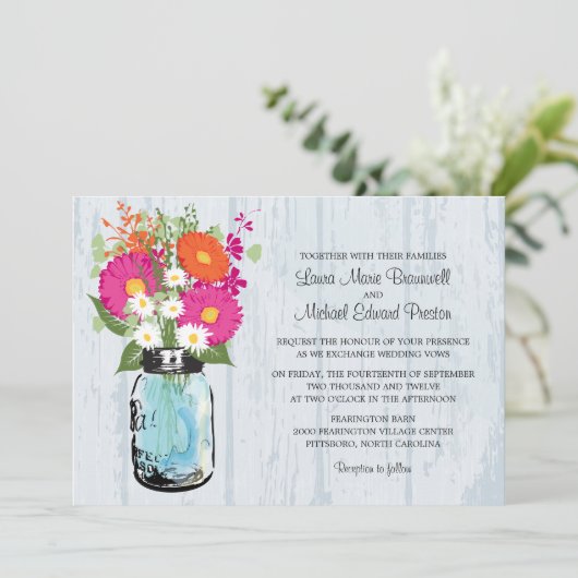 Rustic Mason Jar & Gerbera Daisies Wedding Kaart (Staand voorkant)