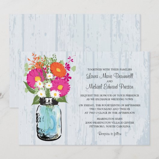 Rustic Mason Jar & Gerbera Daisies Wedding Kaart (Voorkant / Achterkant)