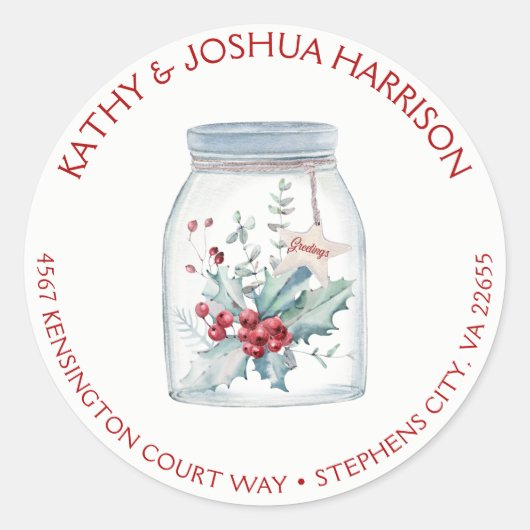 Rustic Mason Jar Holly Leaves Adres | Ronde Sticker (Voorkant)