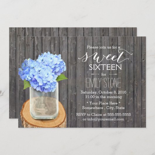 Rustic Mason Jar Hydrangea Barn Wood Sweet 16 Kaart (Voorkant / Achterkant)