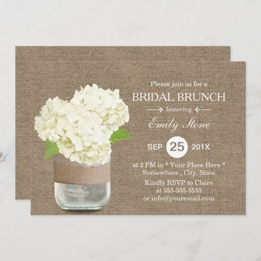 Rustic Mason Jar & Hydrangea Burlap Bridal Brunch Kaart (Voorkant / Achterkant)
