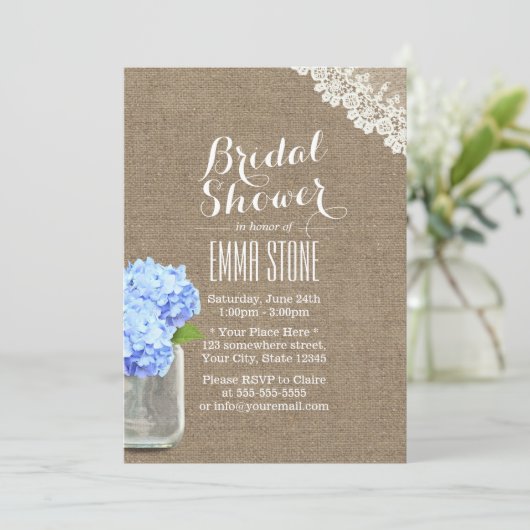 Rustic Mason Jar Hydrangea Burlap Vrijgezellenfees Kaart (Staand voorkant)